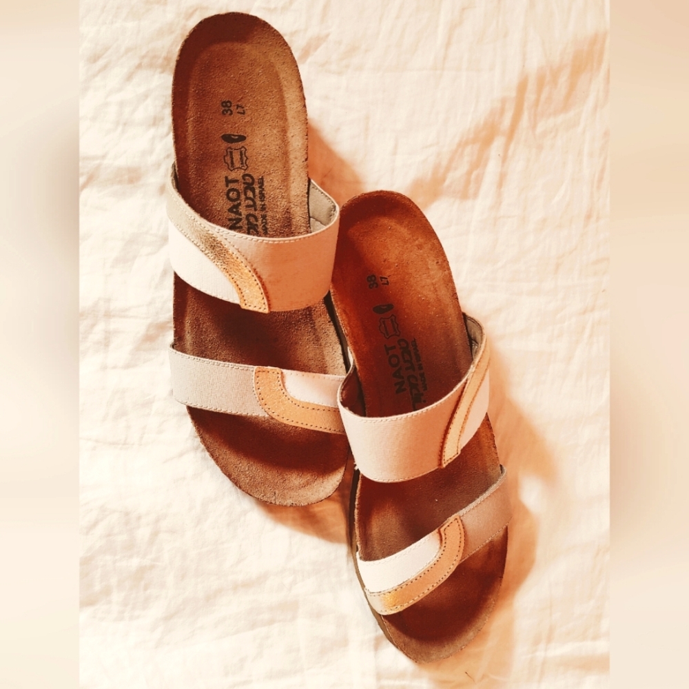 Naot Frankie Sandals, Radiant Gold Leather/Ice Gray and White Stretch, Size 38